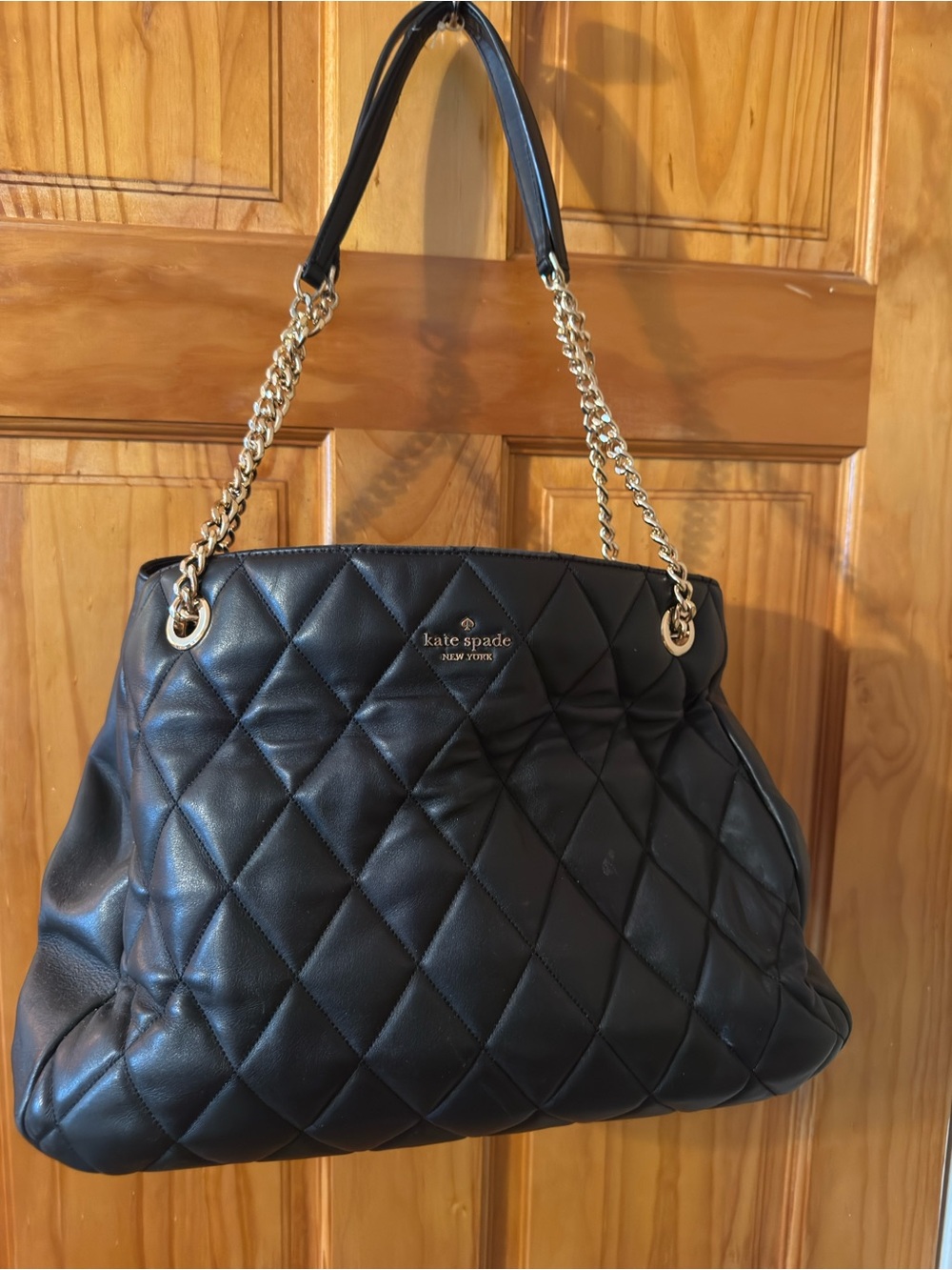 kate spade Black Quilted Leather Shoulder Tote with Gold Chain Straps